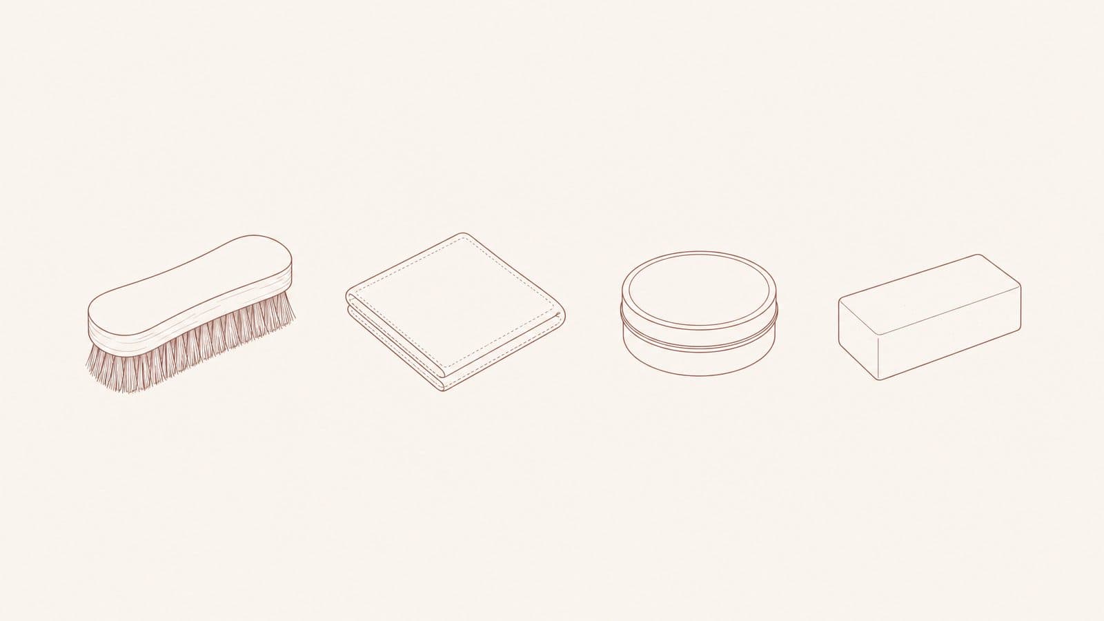 Line drawings of a horsehair brush, a folded cloth, a round tin and an eraser block.