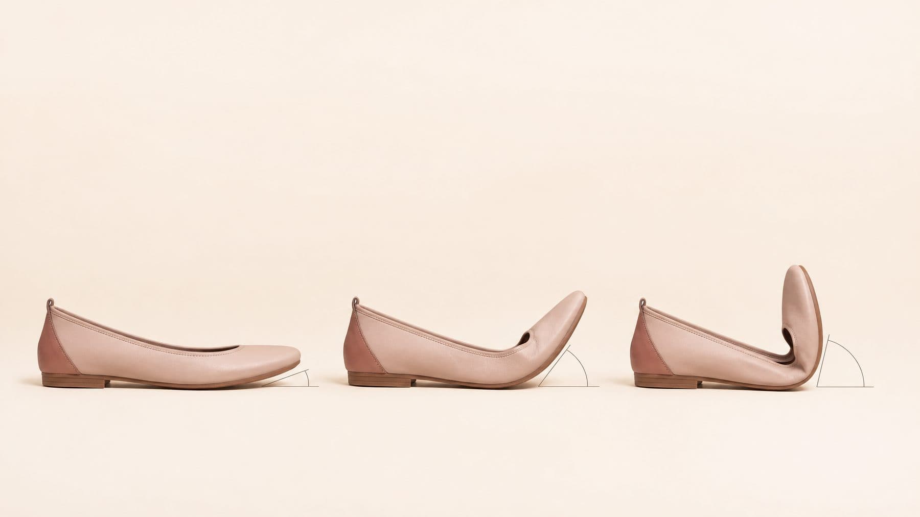 Three shoes photographed mid-bend at 25, 35 and 45 degrees against an angle scale.