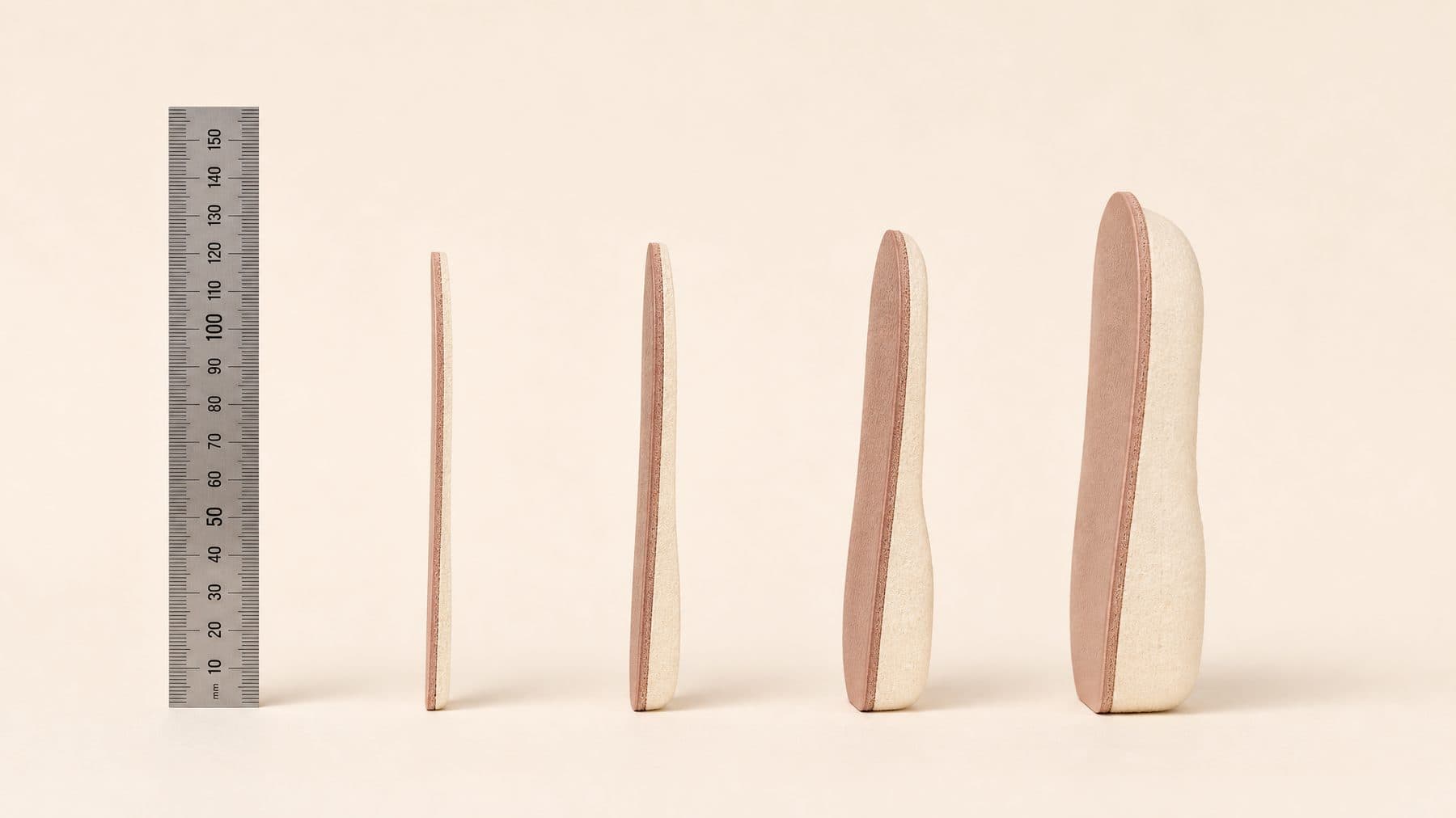Four insole cross-sections side by side, at 5, 8, 12 and 16 millimetres, against a millimetre scale.