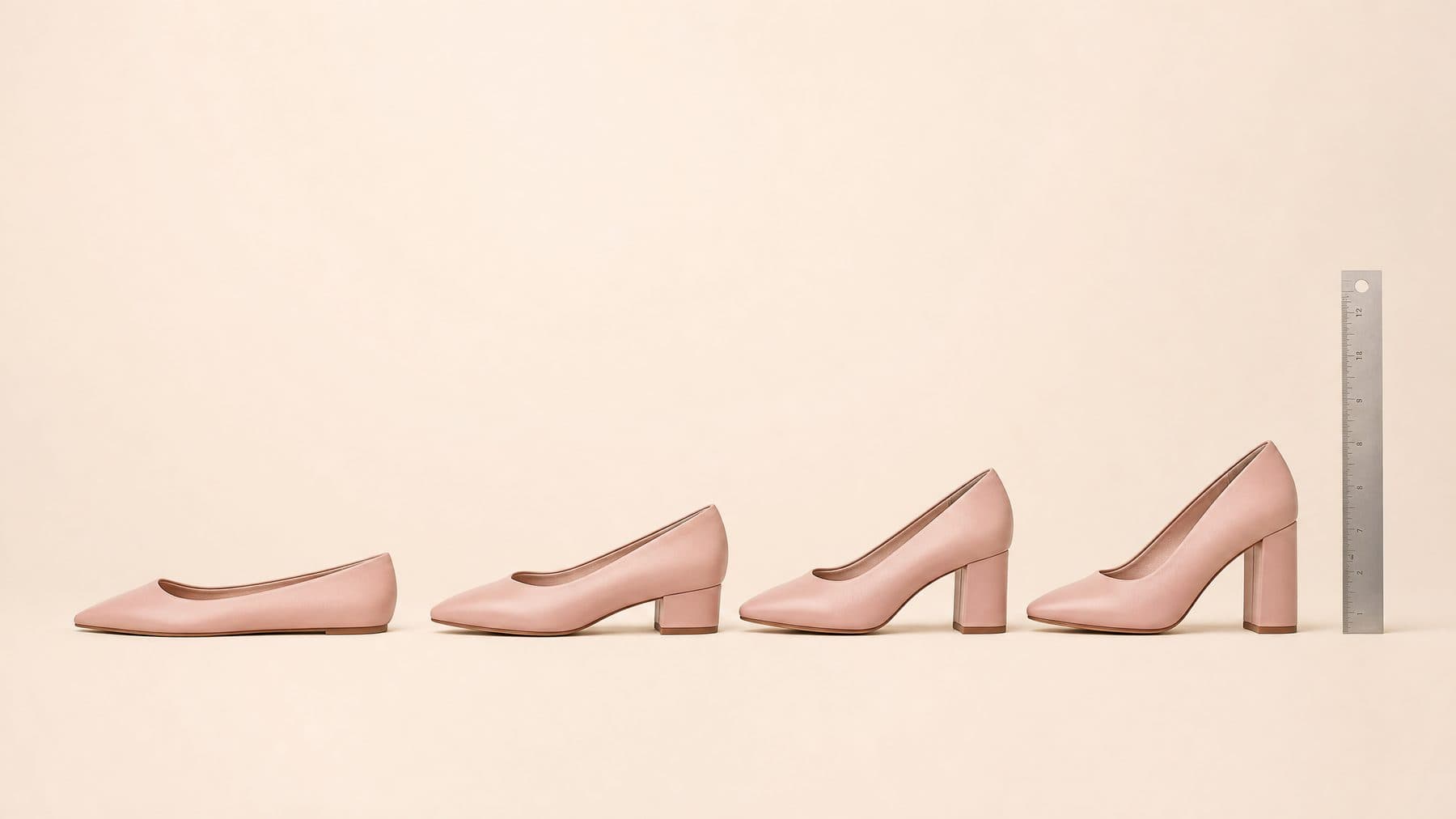 Four shoes in a row with increasing heel heights, against a rule.