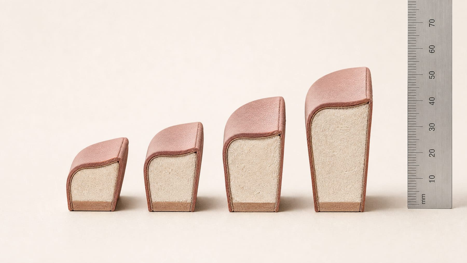 Four heel-seat cross-sections side by side, at 8, 12, 18 and 22 millimetres, against a millimetre scale.