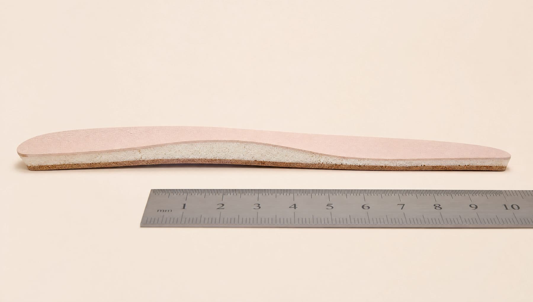 Cross-section of the Ballet Pointed footbed showing 6 mm of padding under the forefoot, against a millimetre rule.