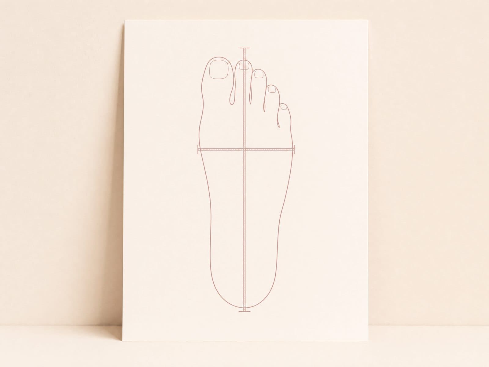Line diagram of a foot on paper against a wall, with a rule from heel to longest toe and a second rule across the ball of the foot.